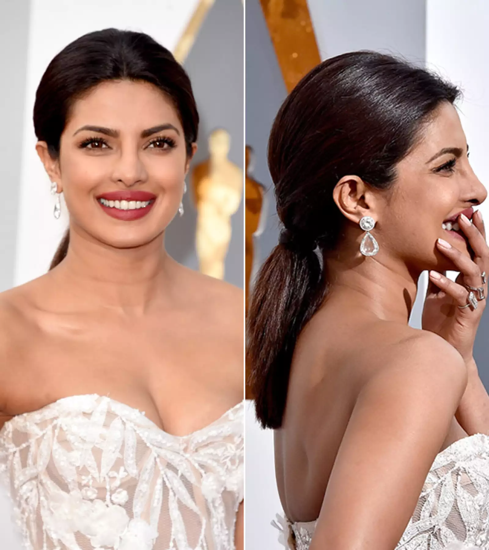 Las pestañas súper largas de Priyanka Chopra, junto con los labios en tono rojo Bordeaux hicieron que luciera espectacular. Llevó una low pony tail para darle toda la atención a su cara.