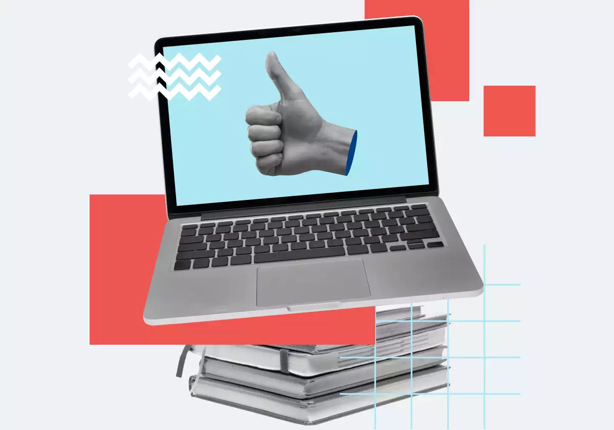 foto collage de una laptop abierta sobre una pila de libros y un pulgar arriba en la pantalla.