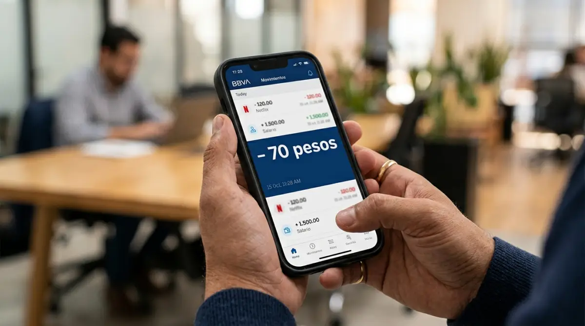 Aplicación de el banco BBVA muestra la notificación de un cobro a la cuenta por el monto de 70 pesos mexicanos. La persona se encuentra en la cafetería sosteniendo su celular para leer la notificación.