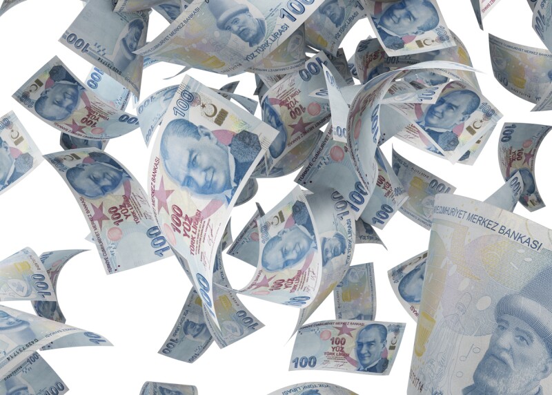 One Hundred Turkish Lira Banknotes Falling On White Background