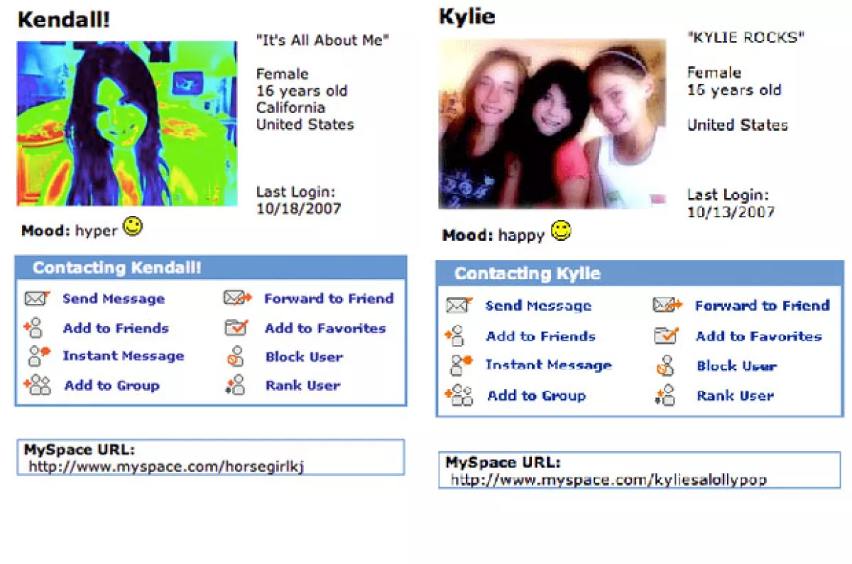 Así lucian los perfiles de Kylie y Kendall en MySpace.