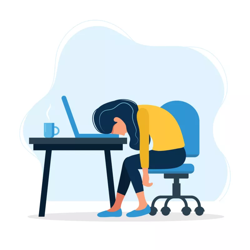 Dibujo con el concepto de agotamiento laboral, trabajadora de oficina exhausta sentada en la mesa. 