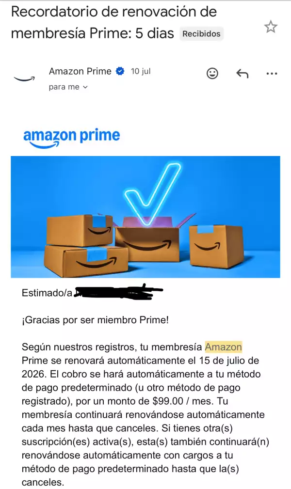 Solo Prime Video notifica a los usuarios de la renovación de su cuenta 