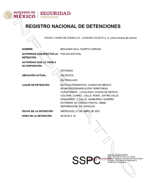 Ficha de detención del diputado de Morena, Benjamín Huerta