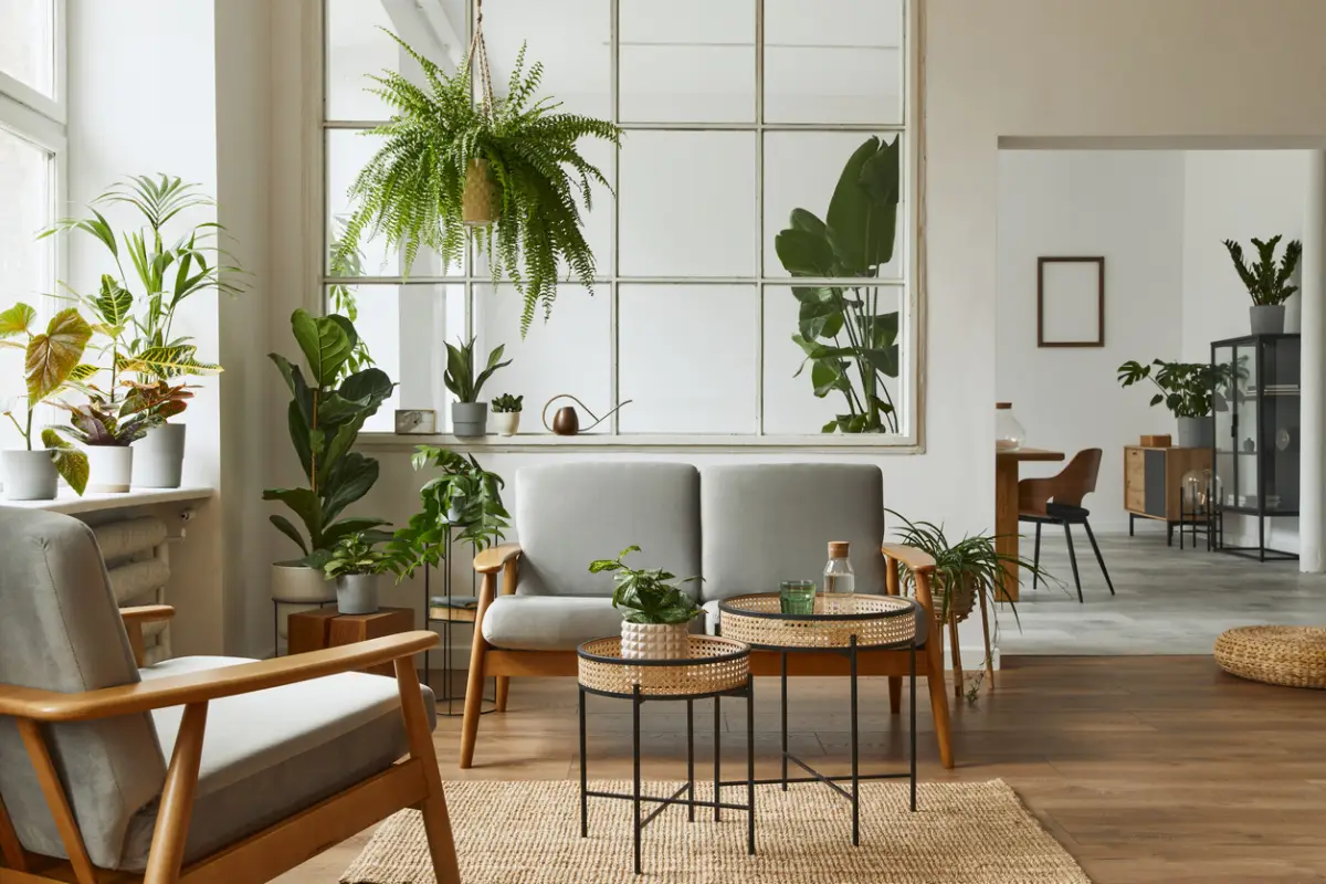 Modern scandinavian interior of living room with design grey sofa, armchair, a lot of plants, coffee table, carpet and personal accessories in cozy home decor. Template.