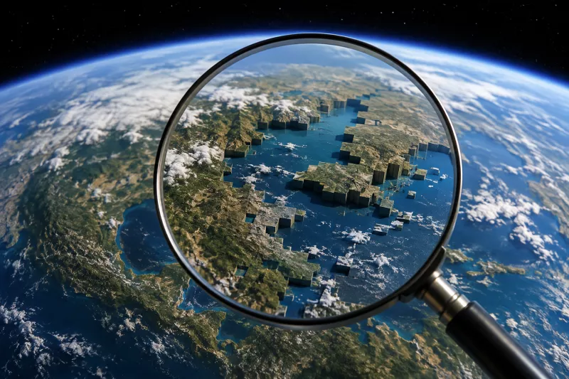 Ilustración conceptual del planeta tierra visto desde el espacio con una lupa que revela una alteración digital en la superficie representando los riesgos de manipulación de imágenes mediante IA.
