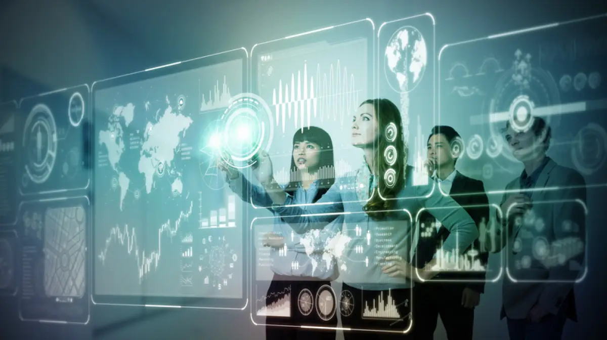 Group of people operating futuristic GUI.