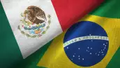 Brazil and Mexico two flags together textile cloth fabric texture
