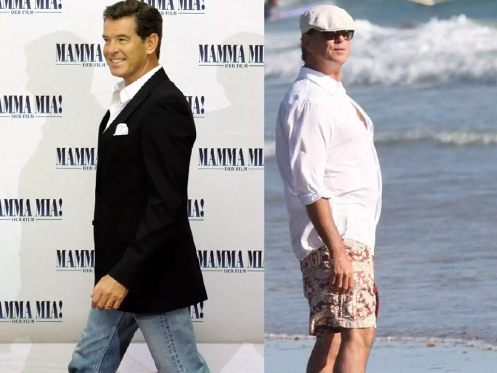 Durante la promoción de la película “Mamma Mia” el año pasado, Pierce Brosnan se veía delgado y rejuvenecido, todo un  galán. Pero parece que después se relajó porque hace unos meses se le vio en la playa un tanto “embarnecido”.