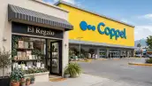 Pequeña tienda boutique El Regalo frente a una tienda grande de Coppel con fachada amarilla.
