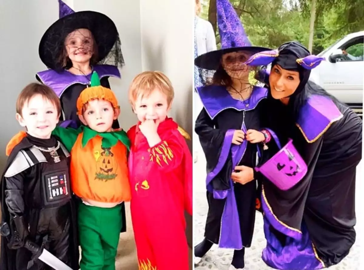 La conductora disfrazó a sus hijos como diablito, Darth Vader de Star Wars y calabacita, cada atuendo fiel a la cualidades de cada uno.