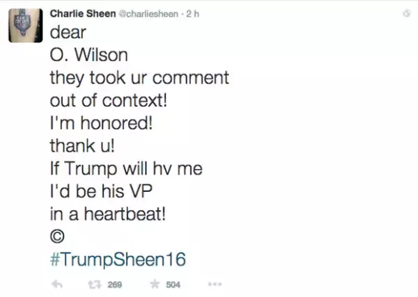 Con este tuit, Charlie hizo "oficial" su propuesta hacia el candidato a la presidencia de Estados Unidos, y al mismo tiempo su respuesta a Owen.