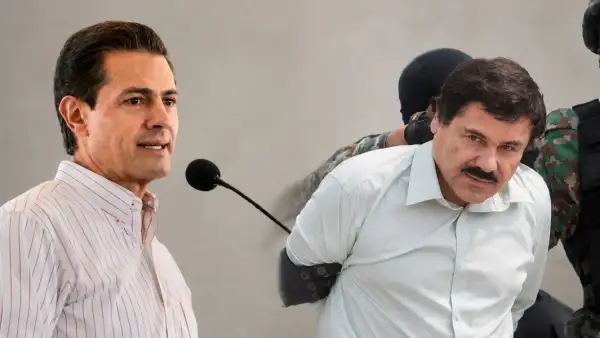 Del lado izquierdo, el expresidente Enrique Peña Nieto frente a un micrófono; del lado derecho, una imagen del Chapo Guzmán con bigote y una camisa tras su última recaptura. 