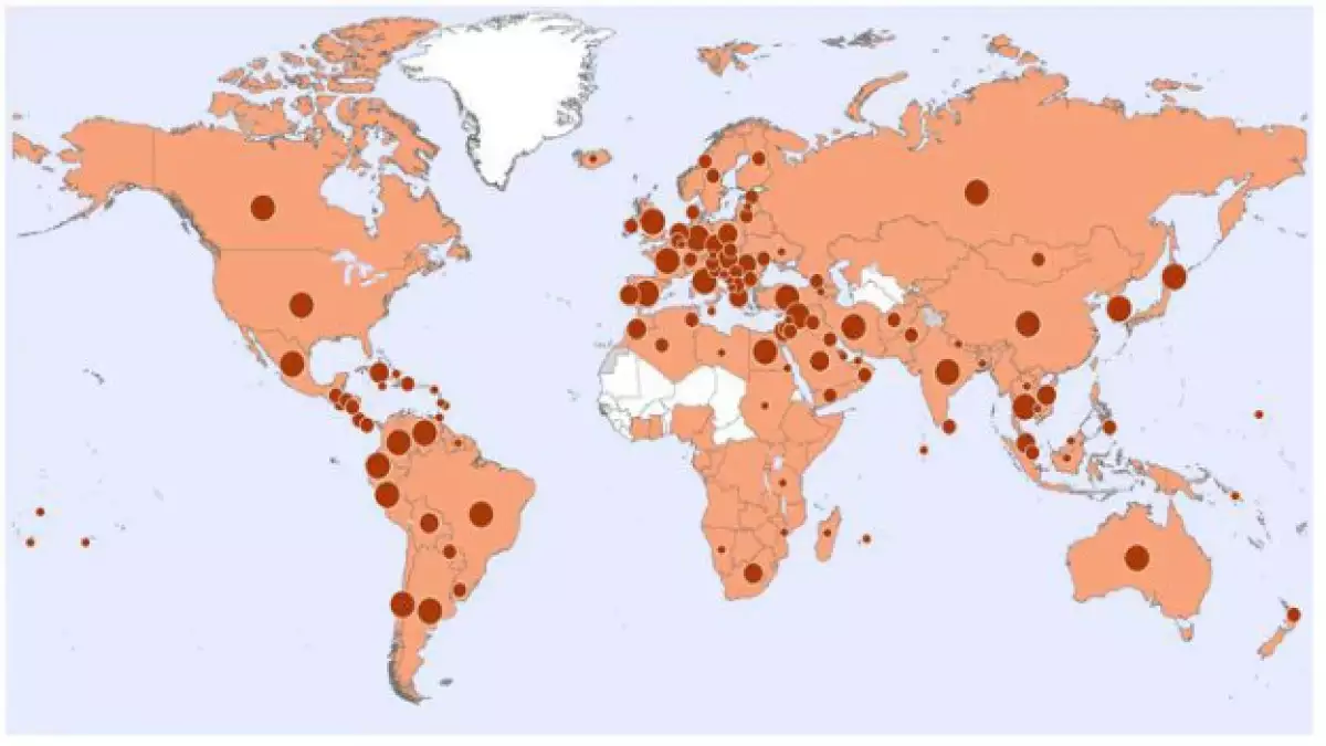 Mapa de países con más de 100 contagios de influenza y con menos de 10