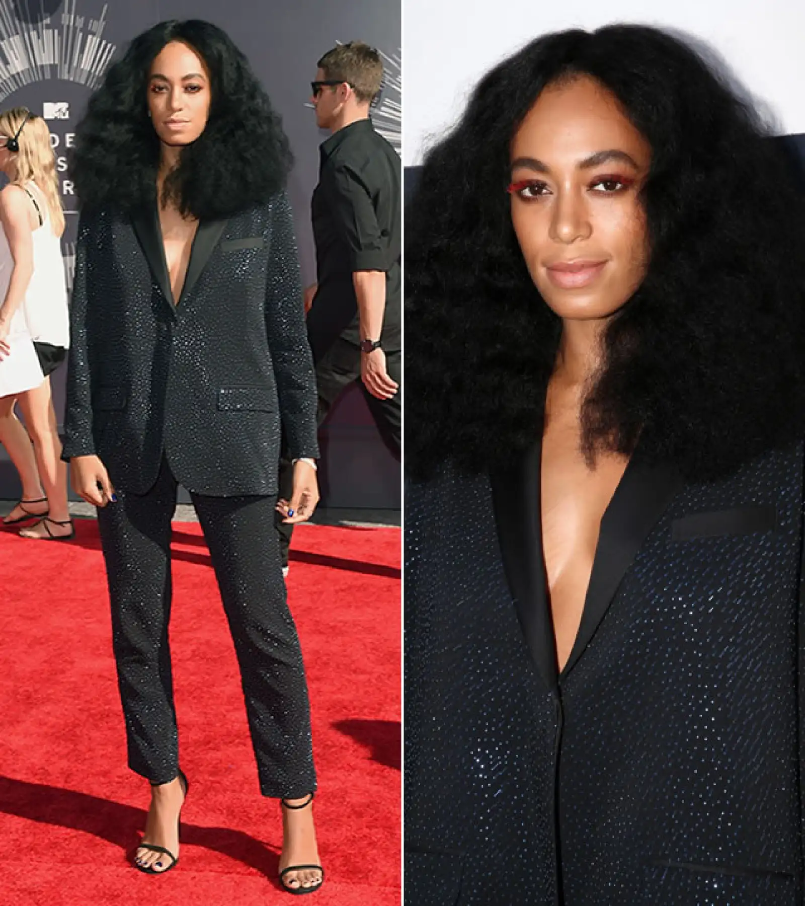 MTV Video Music Awards 2014: Un año después, llevó un traje tipo smoking de HyM Studio Collection que complemento con sandalias de Stuart Weitzman. Su pelo lo llevó más largo, nude lips y pestañas postizas naranjas.