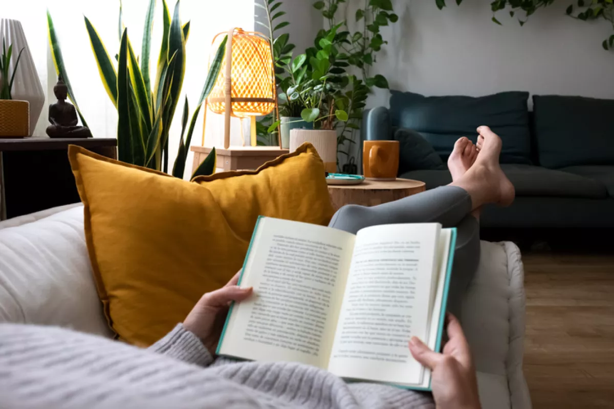 Mujer leyendo un libro sobre el sillón de su casa