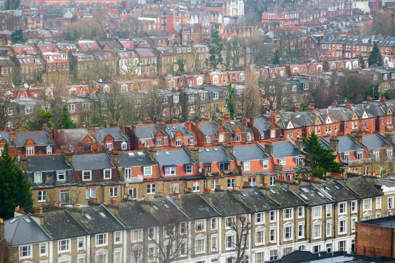 Aerial view of traditional terraced housing in London
