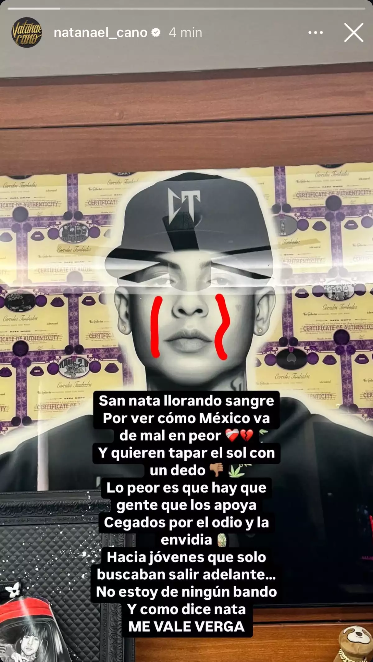 foto de una historia de Instagram de Natanael Cano quien explotó contra la prohibición de corridos tumbados