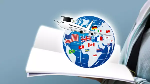 Study abroad concept design of Young woman open book and world education with national flag