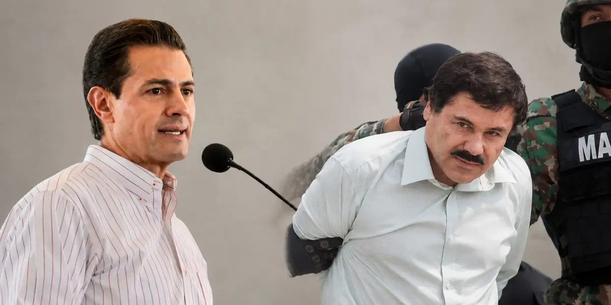 Del lado izquierdo, el expresidente Enrique Peña Nieto frente a un micrófono; del lado derecho, una imagen del Chapo Guzmán con bigote y una camisa tras su última recaptura. 