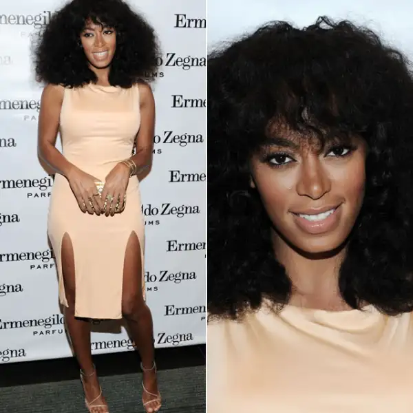 Apertura boutique Ermenegildo Zegna 2012: Para esta ocasión en Nueva York, la cantante y DJ llevó un vestido de jersey en tono durazno de Olcay Gulsen. Llevó el pelo en afro con fleco y nude lips.