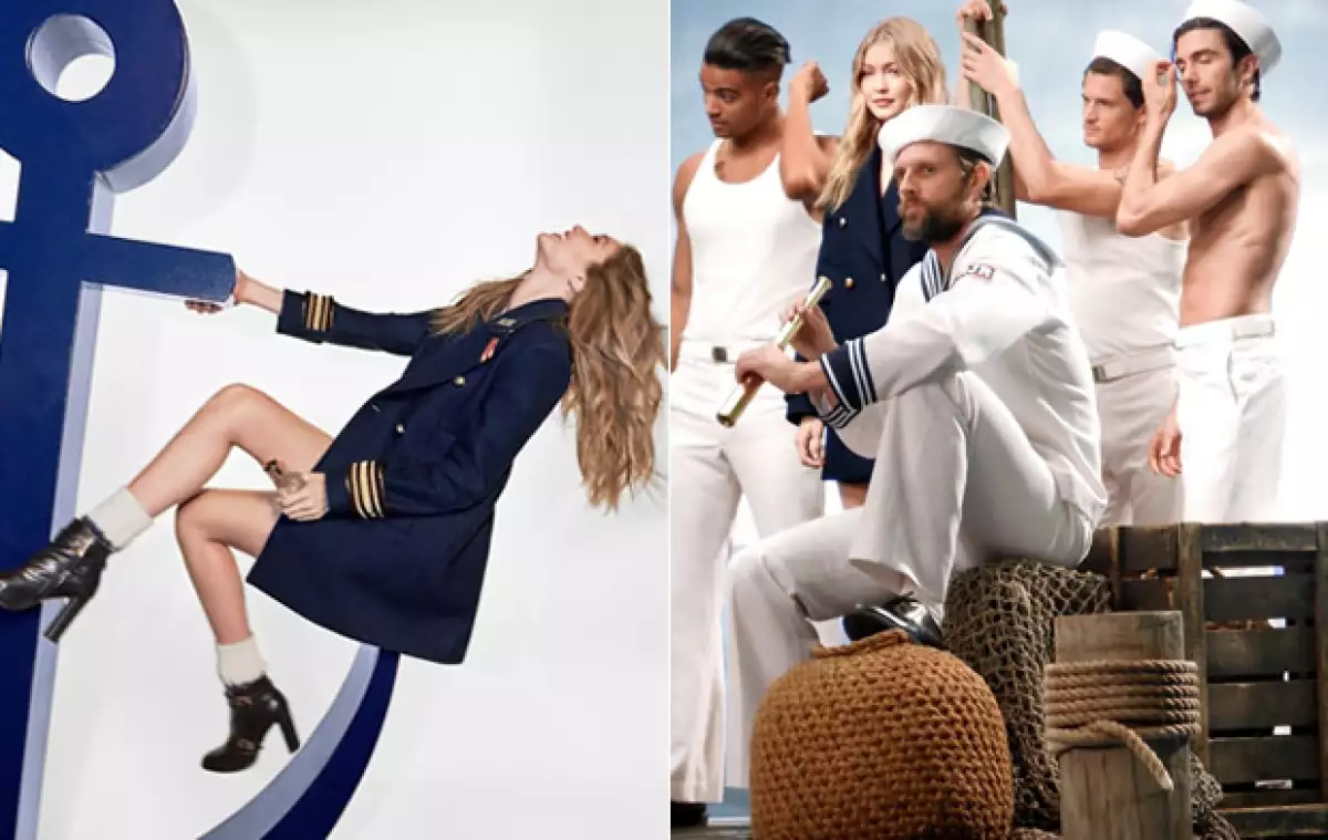 En esta campaña Hadid interpreta a una capitana, fuerte, decidida y glamurosa.