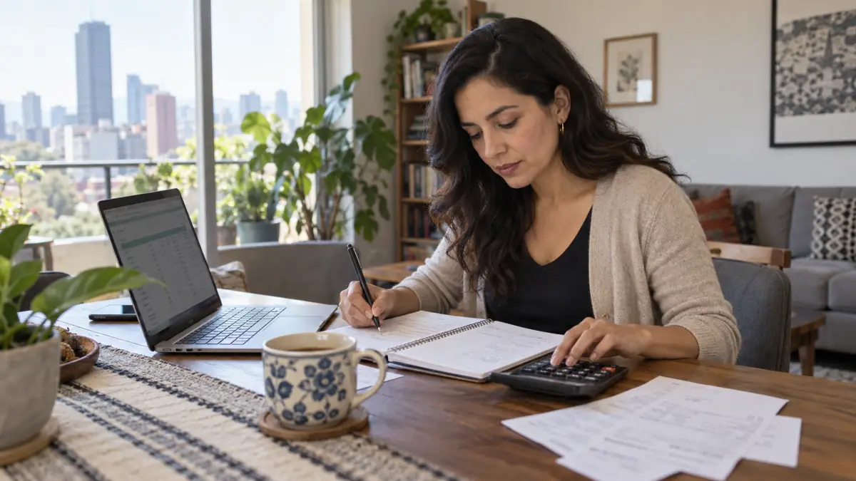 Mujer revisa su presupuesto en una libreta con apoyo de una computadora y una calculadora en casa.