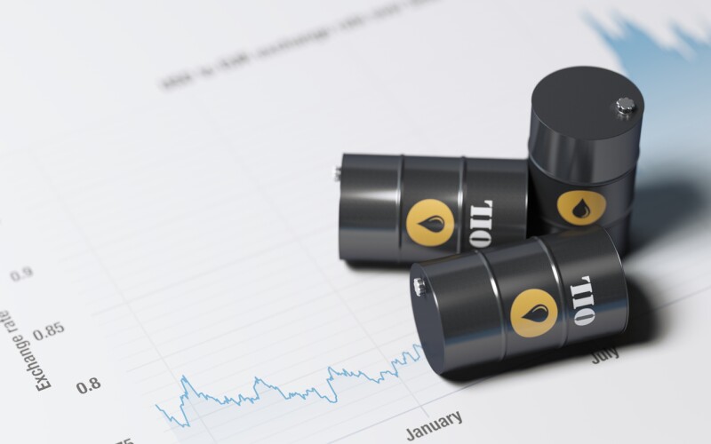 Blue Financial Chart and Tiny Oil Barrels : Global Oil Price Concept
