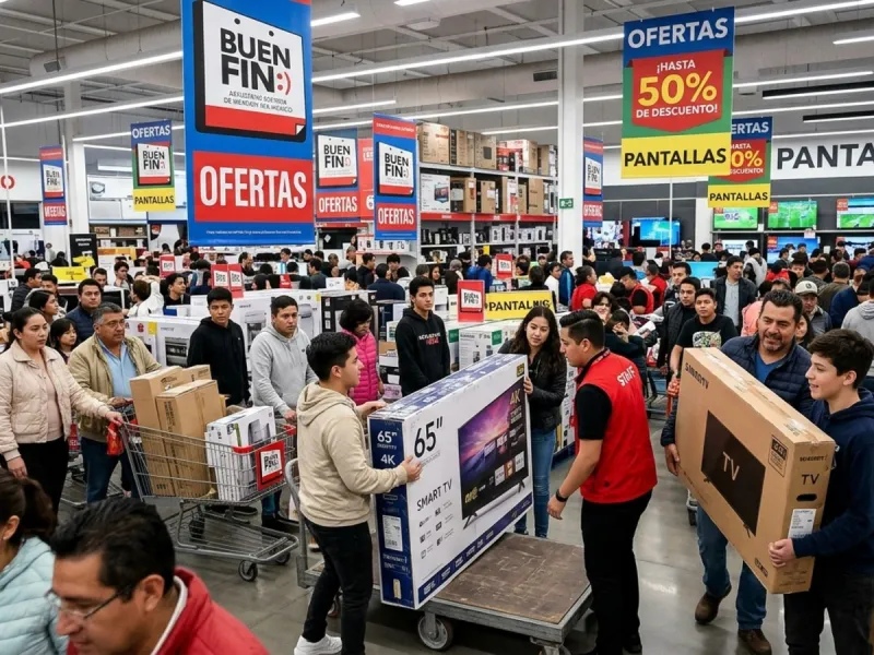 gente en una tienda comprando pantallas durante el buen fin. 