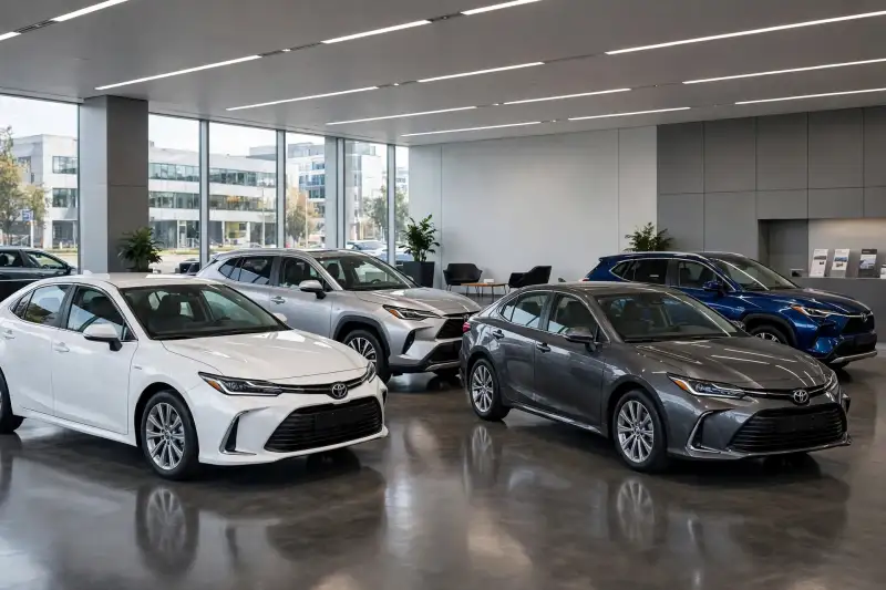 Un concesionario en el que se observan distintos modelos de vehículos de la marca Toyota.