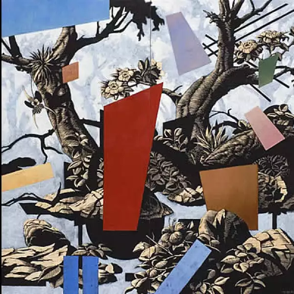 El artista mexicano Patrick Pettersson Becerra presenta esta creación en óleo y grabado sobre madera de 160 x 160 cm, la cual recibió mención honorífica en la VIII Bienal Monterrey FEMSA.