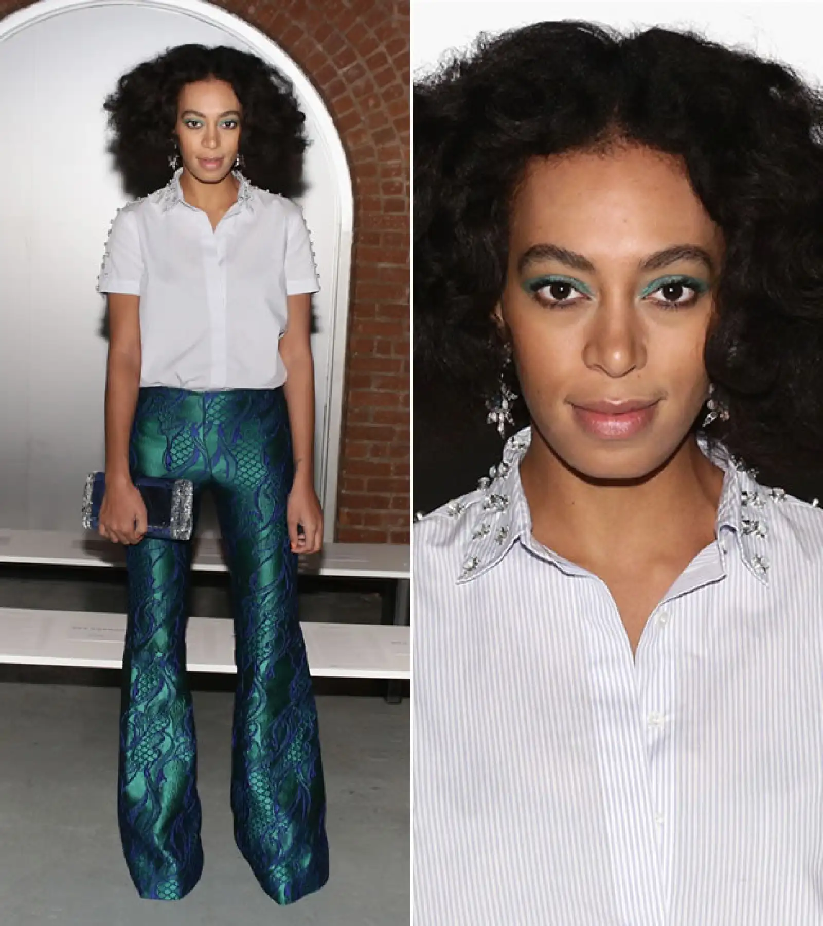 Wes Gordon Front Row NYFW 2014: La cantante llevó un total look de Wes Gordon con pantalones brocados. Lo estilizó con una camisa blanca y una clutch de Edie Parker. Regresó a su querido afro y llevó sombras verdes en los ojos.