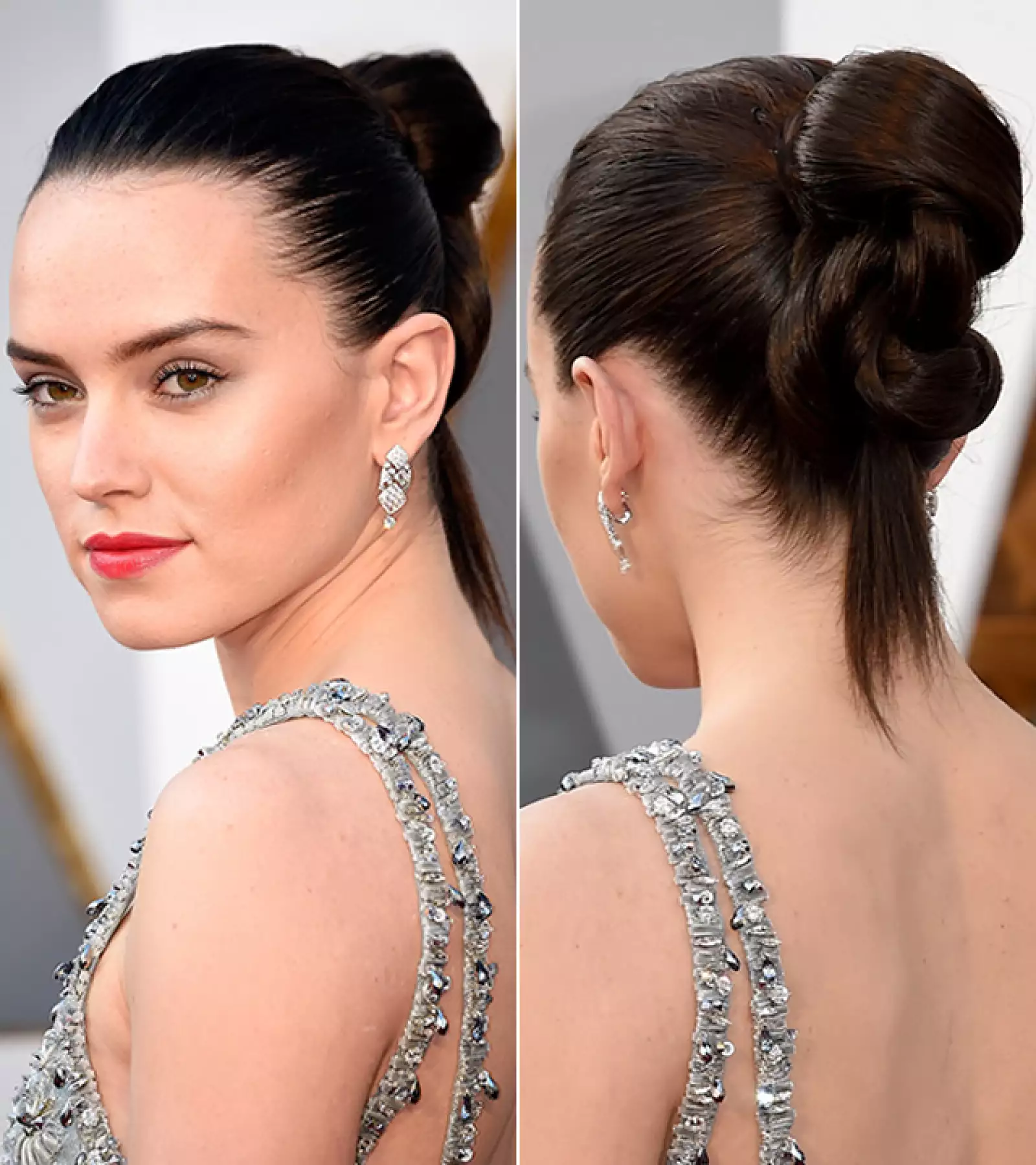 Nos encanta la manera en la que Daisy Ridley lleva el pelo a todas las alfombras rojas. Esta vez, llevó un nudo alto y futurista, que combinó con labios rojos y pocas sombras en los ojos.