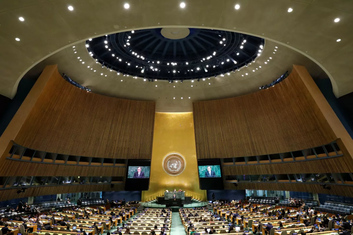 Chair of the Delegation of Canada Marc-Andre Blanchard addresses the United Nations General Assembly at U.N. headquarters in New York