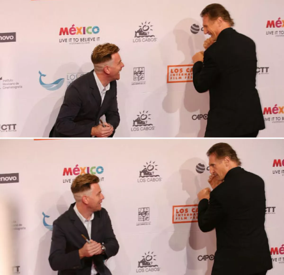 Un momento para el recuerdo fue el que protagonizaron Ewan McGregor y Liam Neeson a su paso por la red carpet de clausura de Los Cabos International Film Festival.
