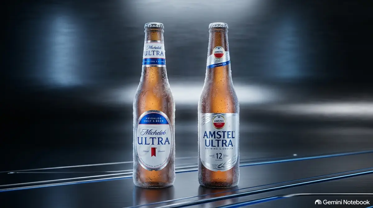 Imagen que presenta, al centro y sobre una plataforma metálica reflectante, dos botellas heladas de vidrio ámbar cubiertas de escarcha y gotas de condensación: a la izquierda, **Michelob Ultra** con su distintiva etiqueta blanca, tipografía en azul cobalto y el acento rojo central; y a la derecha, **Amstel Ultra** con su presentación en tonos plateados, azulados y su escudo circular. La escena está enmarcada por una iluminación industrial de estudio en tonos azul profundo y gris con sutiles líneas de neón, resaltando de forma dramática la confrontación directa y la rivalidad comercial entre ambas marcas *ultra*.