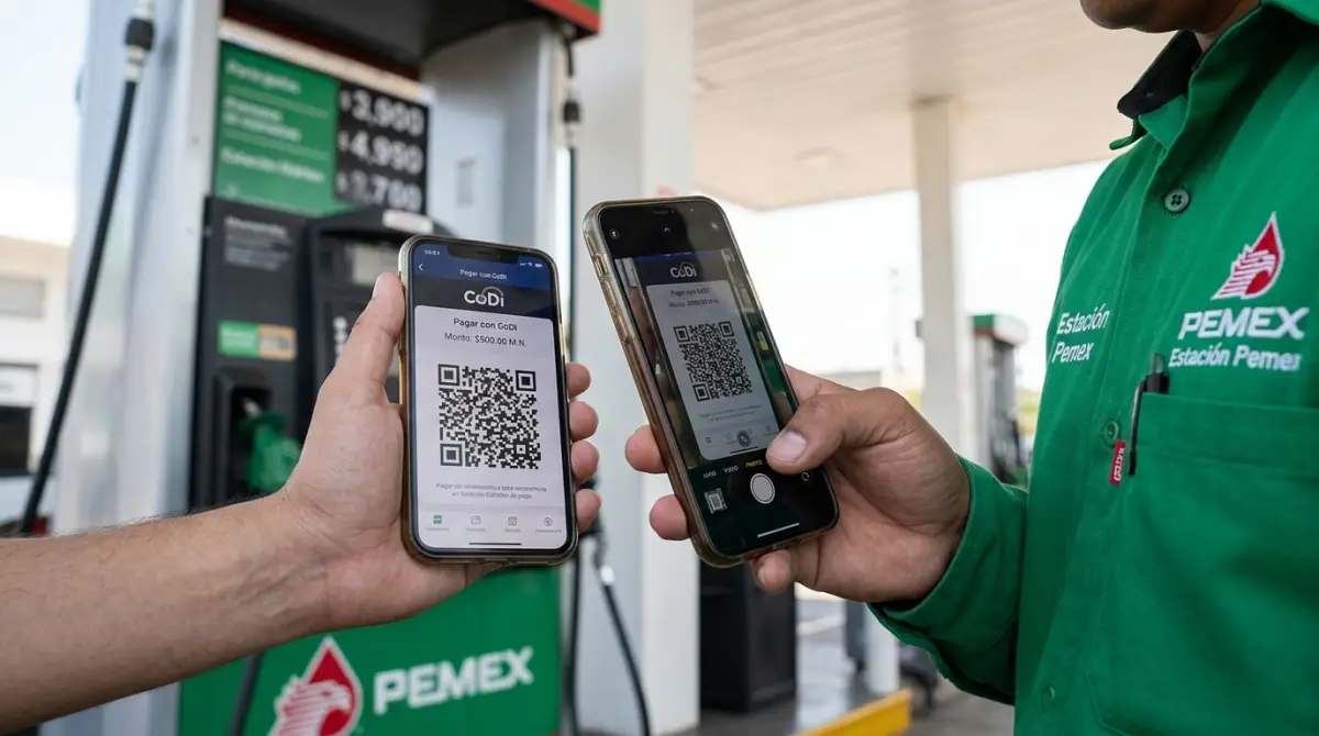 Un cliente paga el servicio de gasolina mediante CoDi en una estación de Pemex. CoDi, o Cobro Digital, es una plataforma desarrollada por el Banco de México (Banxico) que permite enviar y recibir dinero de forma electrónica desde el teléfono celular, de manera inmediata, sin costo y sin utilizar efectivo.