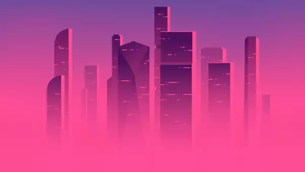 Minimalist vector illustration of a skyscrapers above the clouds, city highrises in a misty fog