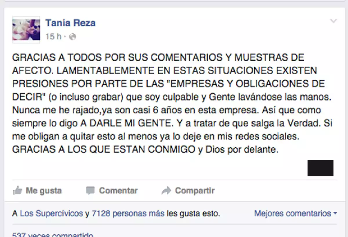 Tania Reza aclaro con sus fans todo lo sucedido.