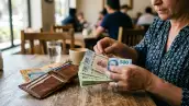 Mujer sentada a la mesa mientras cuenta billetes de 200, 500 y 100 pesos mexicanos.