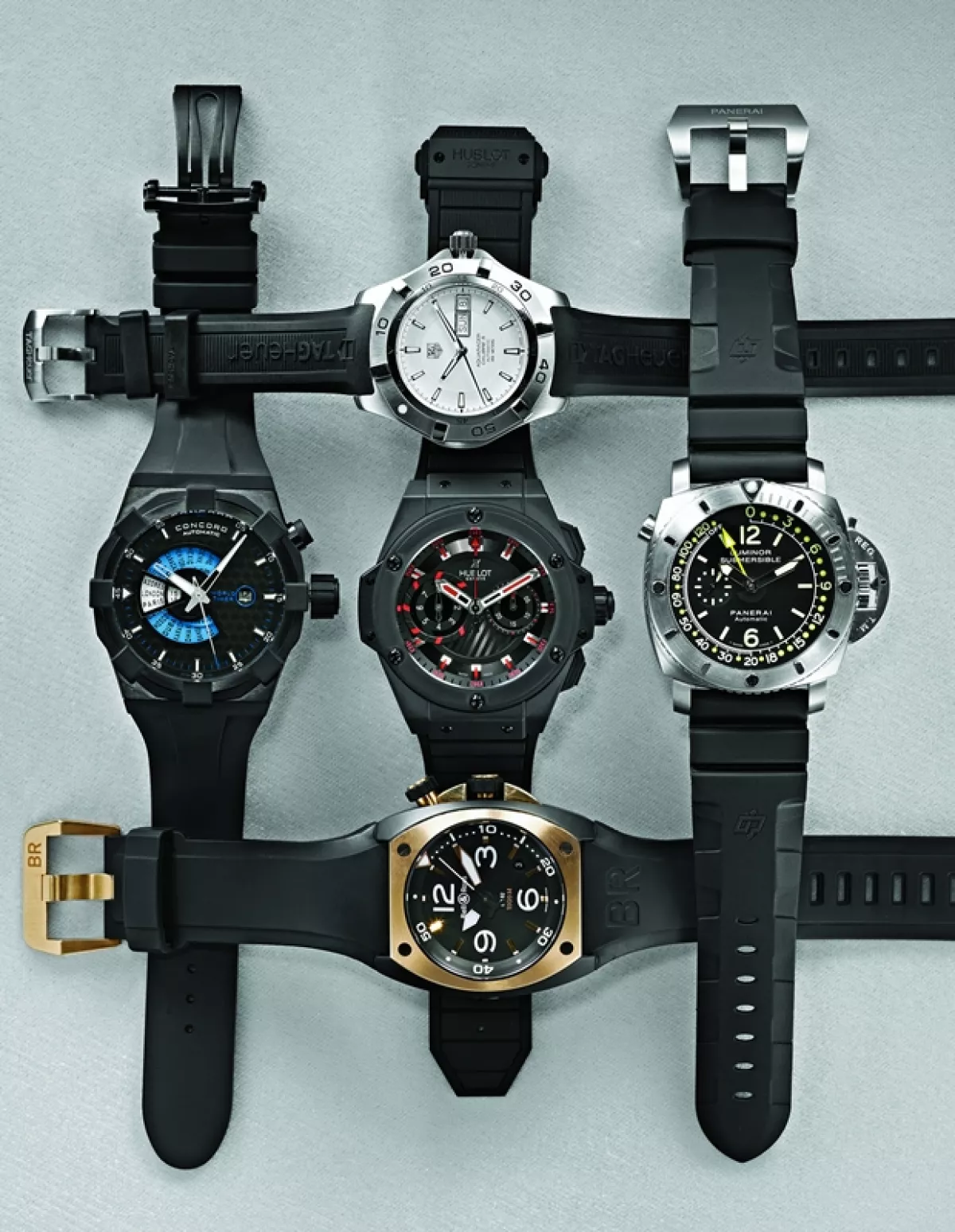 (Desde arriba) Tag Heuer, Concord, Hublot, Panerai y Bell & Ross.