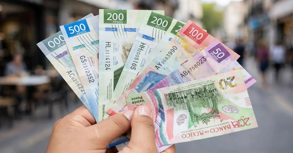 Manos de un hombre que sostiene billetes de denominaciones desde veinte, cincuenta, cien, doscientos y quinientos pesos.jpg
