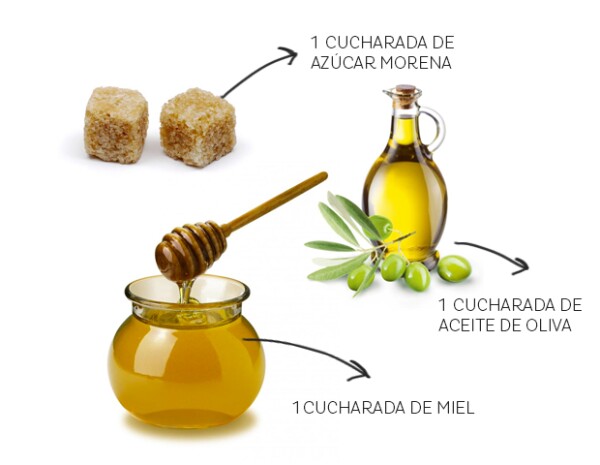 Necesitarás una cucharada de azúcar morena, una de miel de abeja y una de aceite de oliva.