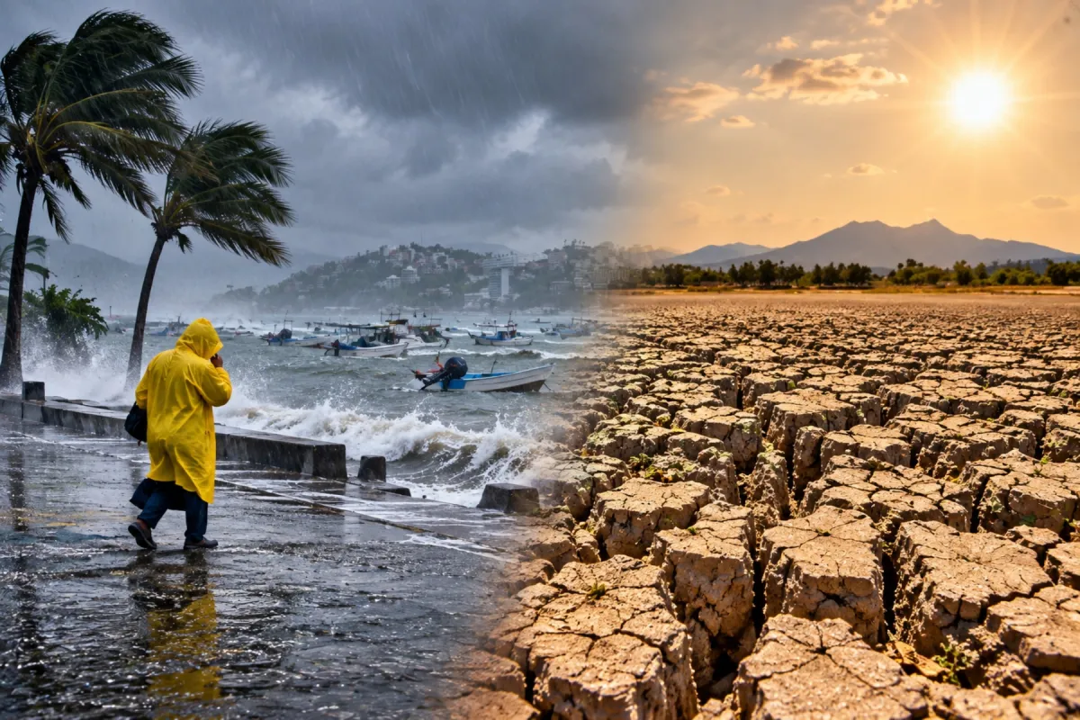 Imagen dividida que contrasta un escenario de lluvias intensas, con una persona bajo la lluvia frente al mar y embarcaciones, con un paisaje de suelo agrietado y seco bajo un cielo soleado, para representar los efectos opuestos de El Niño.