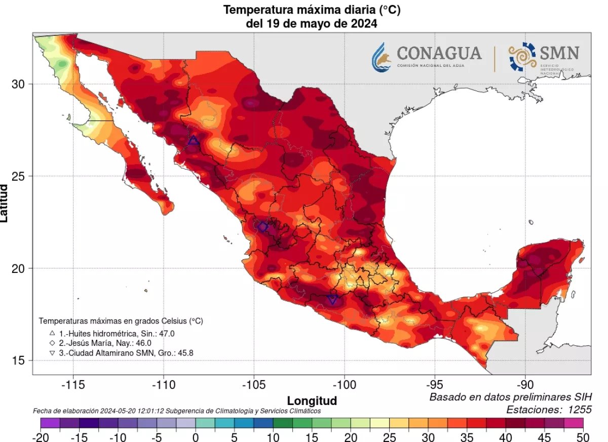 Temperatura máxima del 19 de mayo de 2024 en México