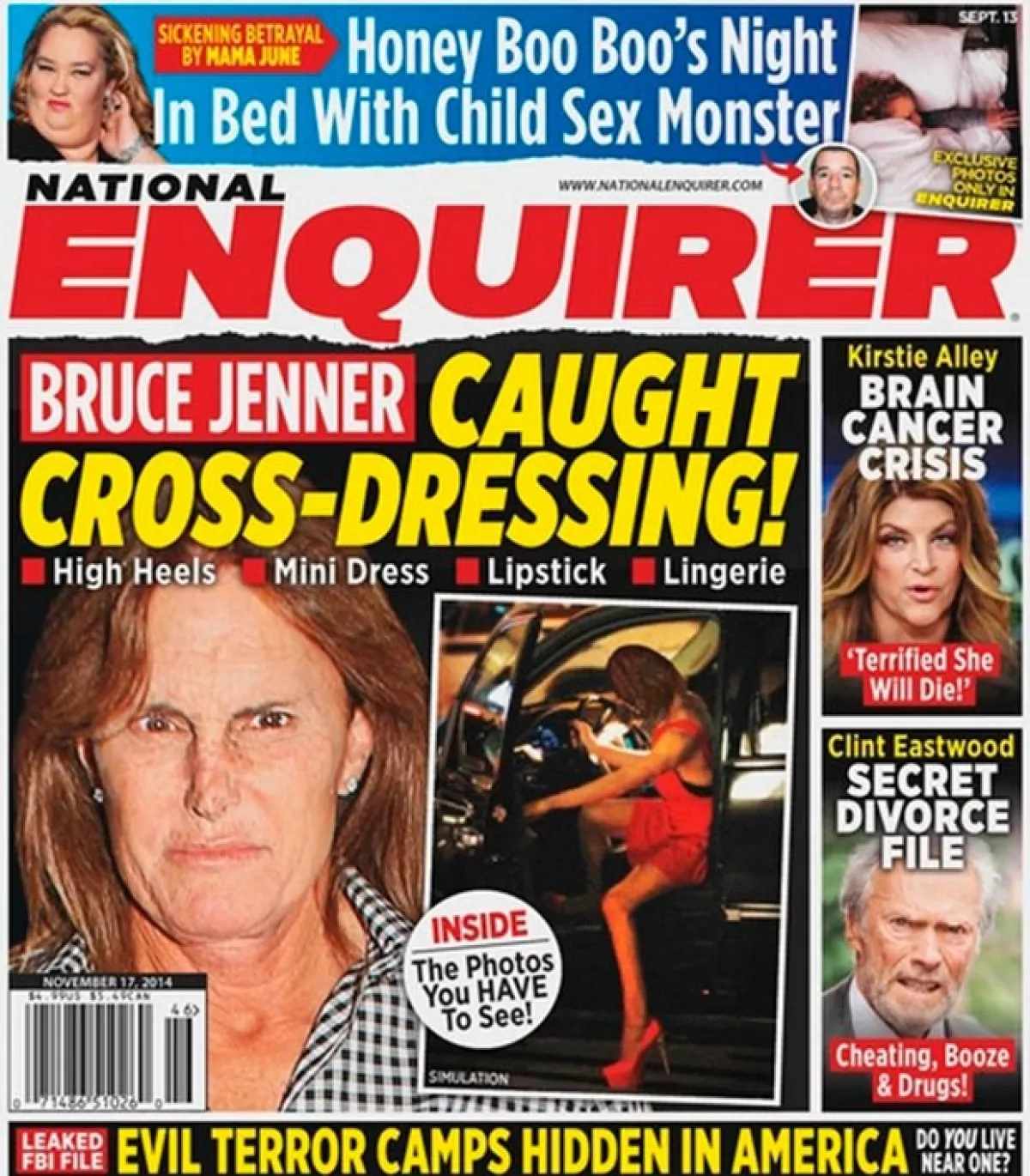 La portada de la revista National Enquirer en la cual aparentemente se captó a Bruce saliendo de su camioneta vestido de mujer.