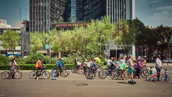Bicycle riding in the business district of Mexico City, Mexico.