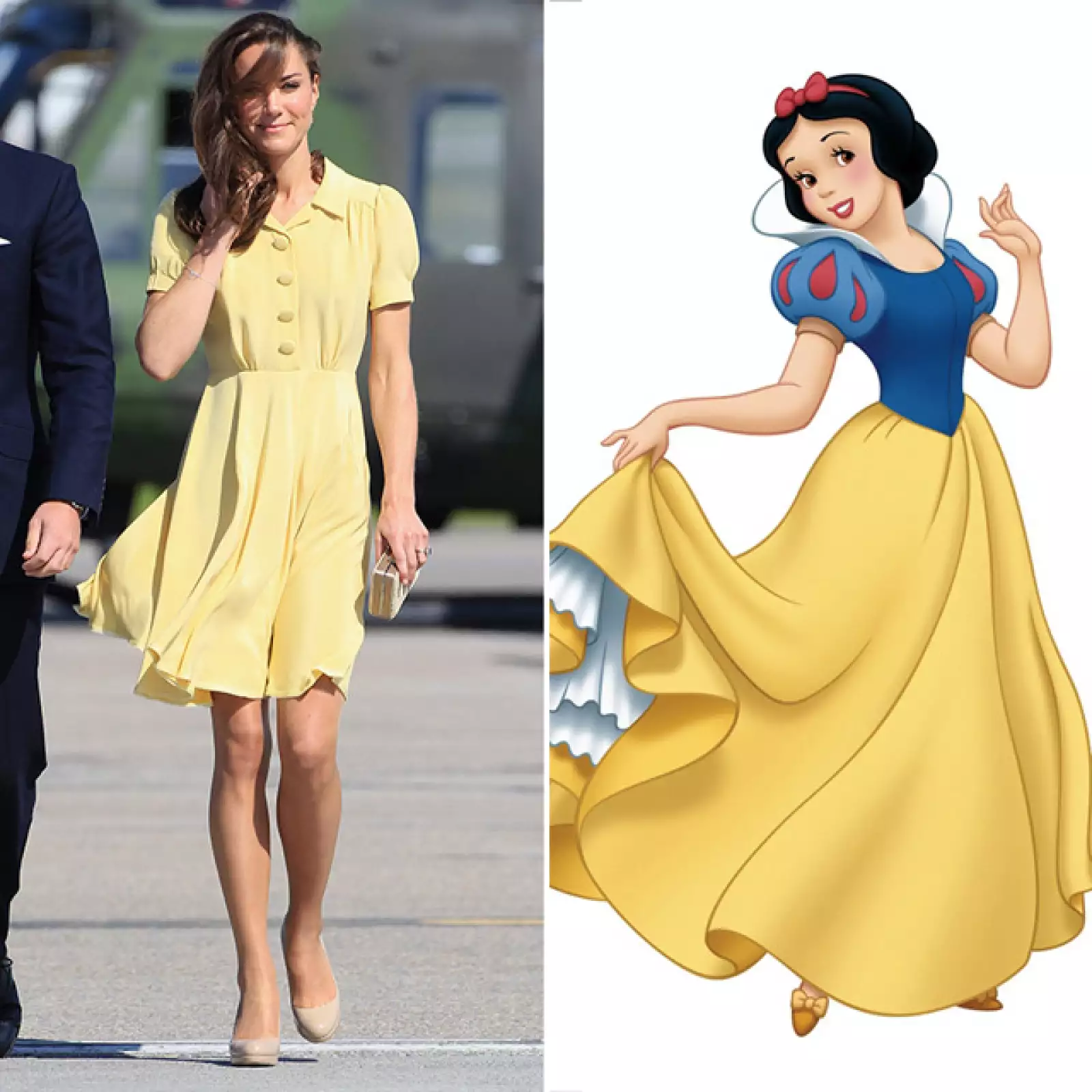 Kate lució como una versión moderna de Blanca Nieves cuando llegó al aeropuerto de Calgary en Canadá con este vestido amarillo firmado por Jenny Packham