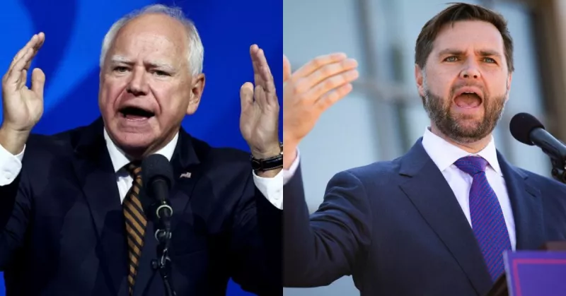 Combinación de fotos de los candidatos demócrata y republicano a la vicepresidencia, Tim Walz y JD Vance. 