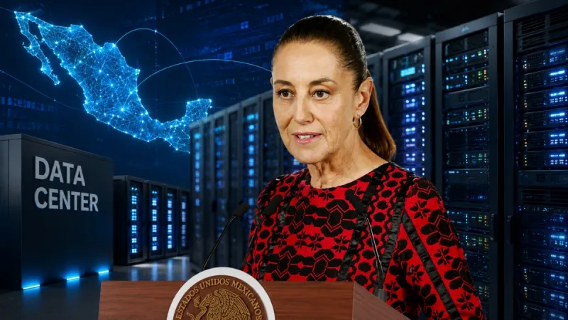 Claudia Sheinbaum durante una mañanera. De fondo, un data center y un mapa de la República Mexicana en tonos azules. 